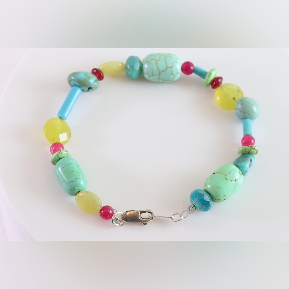 Handmade Turquoise Gemstone Bracelet Blue Green Beaded Sterling Silver 8”